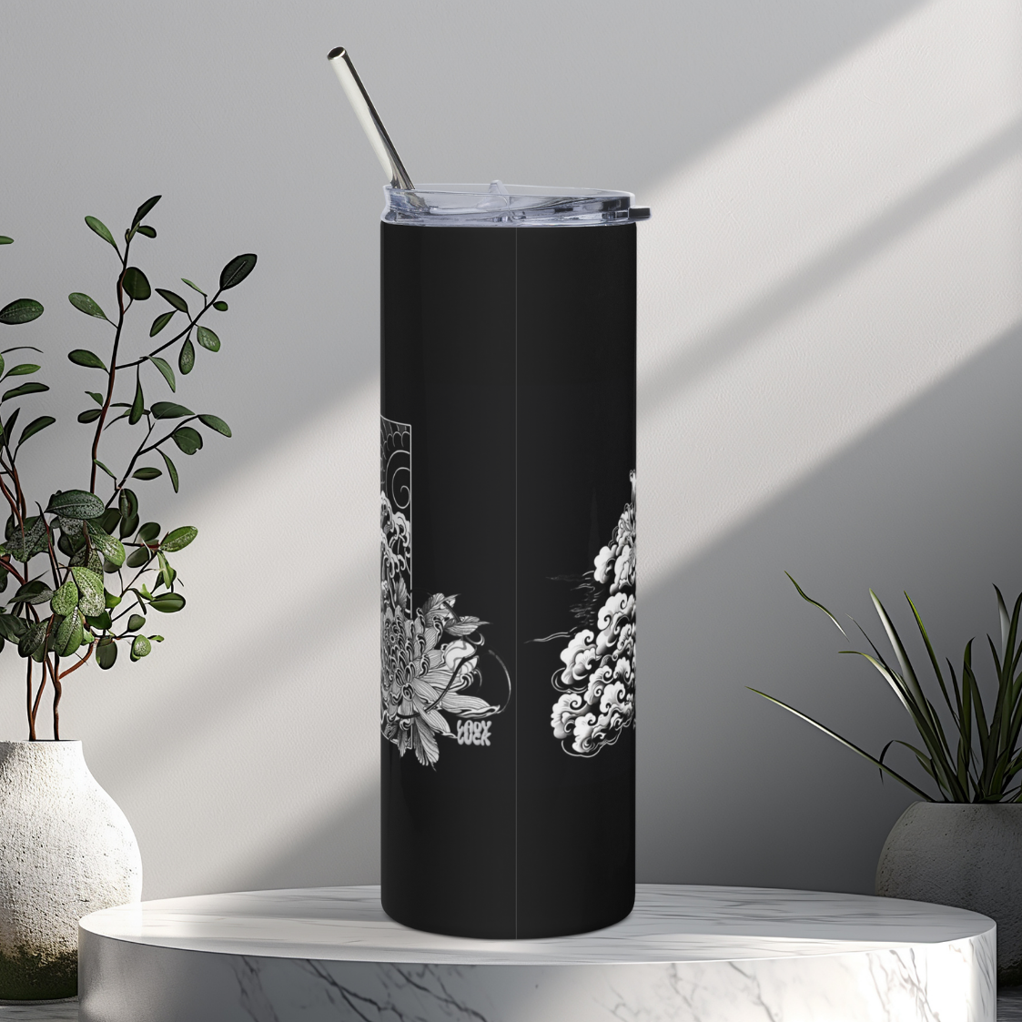 black tattoo. stainless steel tumbler