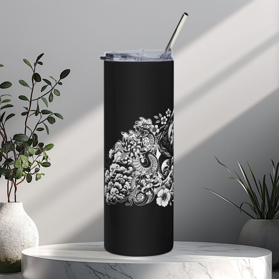 black tattoo. stainless steel tumbler